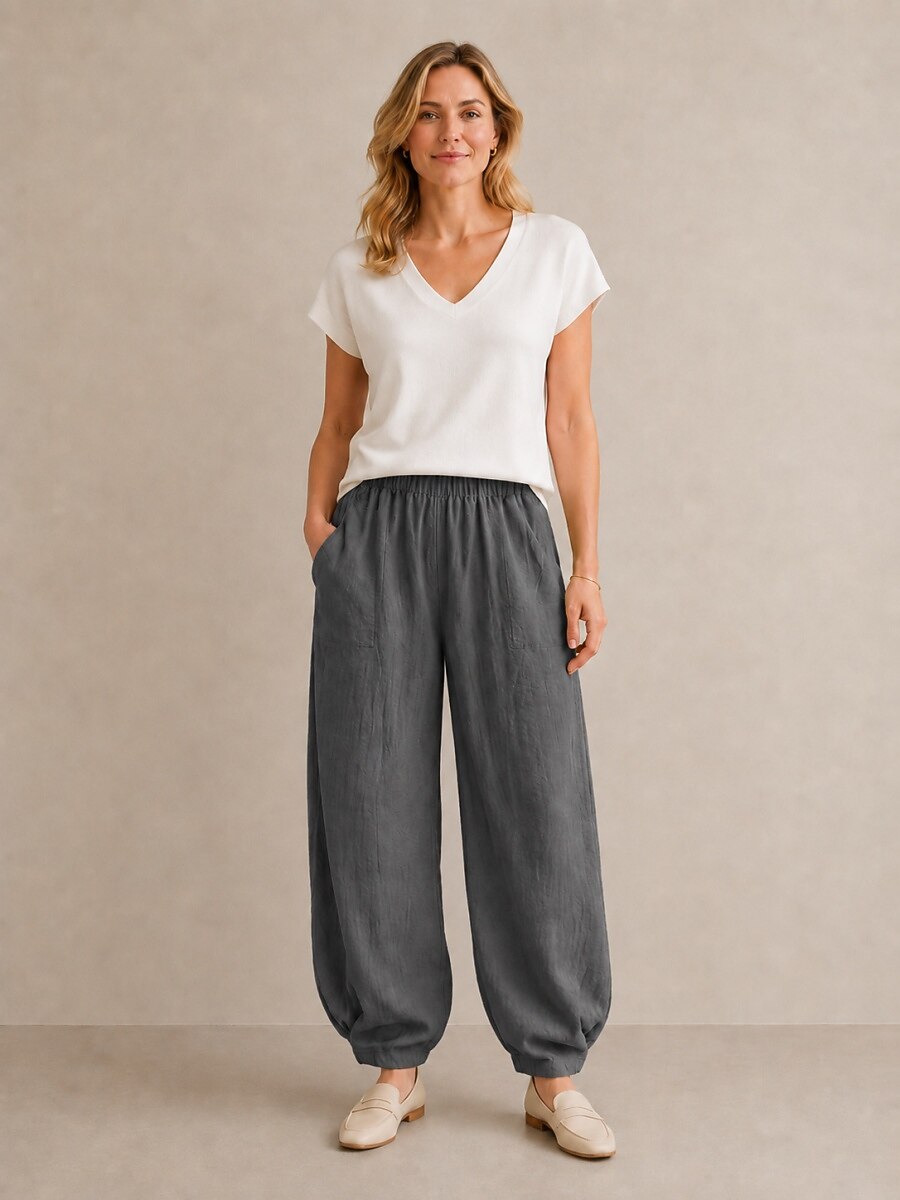 Premium Linen Elastic-Waist Balloon Pants