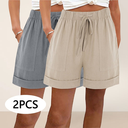 Women's 2pcs Cotton Linen Beach Shorts