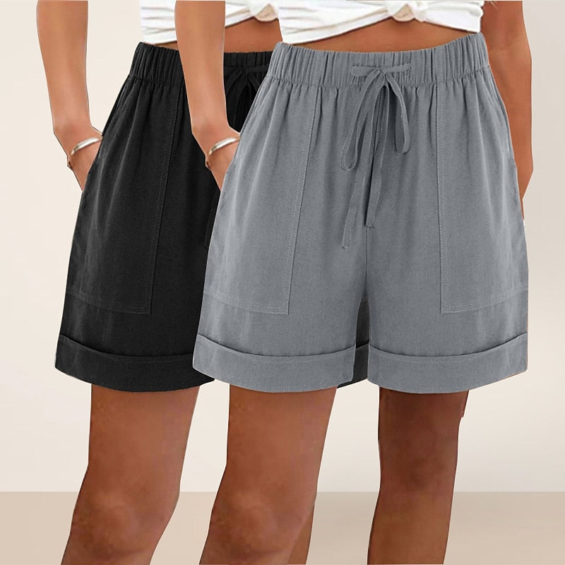 Women's 2pcs Cotton Linen Beach Shorts