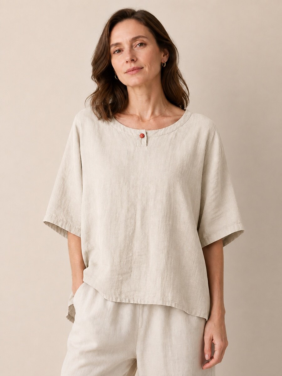 Premium Linen Crew-Neck Button Blouse