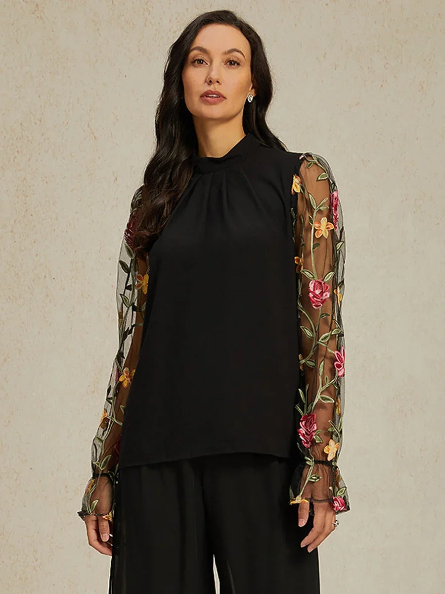 Floral Embroidery Mesh Modest Tops