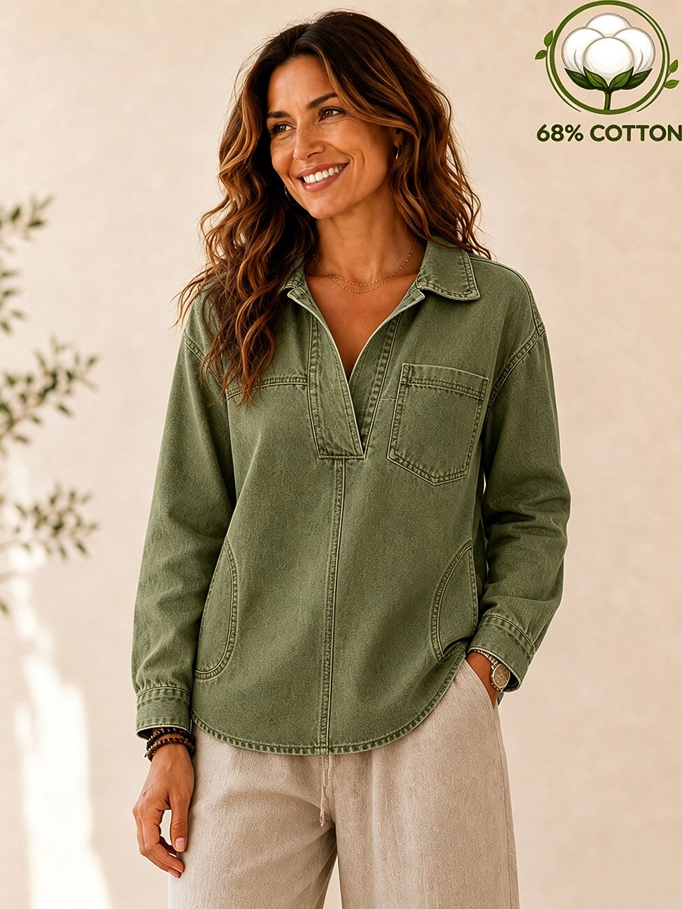 Women's Washed Denim V-Neck Hoodie