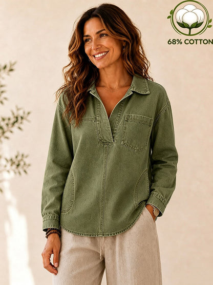 Women's Washed Denim V-Neck Hoodie
