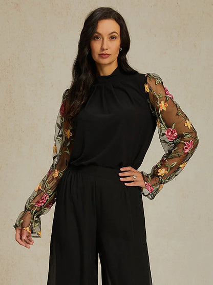 Floral Embroidery Mesh Modest Tops