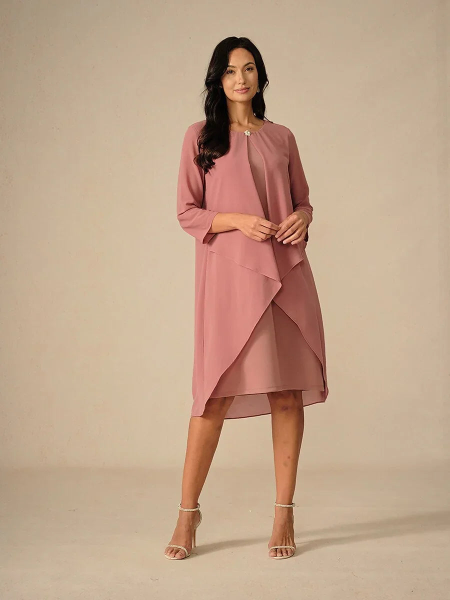 3/4 Sleeve Knee-Length Chiffon Dress with Rhinestone