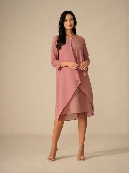 3/4 Sleeve Knee-Length Chiffon Dress with Rhinestone