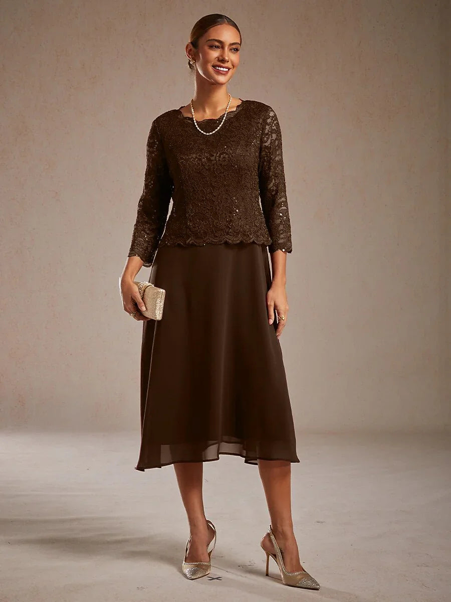 Robe élégante en dentelle et chiffon longueur thé