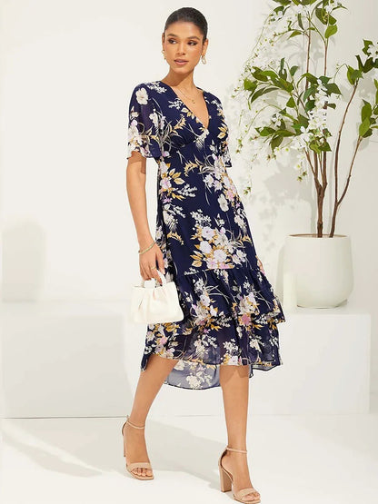 Puff Sleeve Floral Chiffon Dress