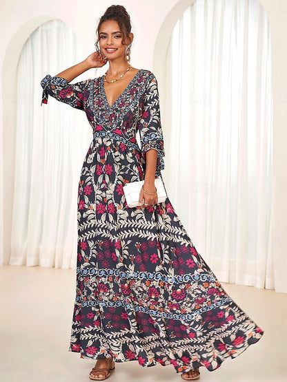 Urlaubs-Maxikleid aus Chiffon mit Rüschen und V-Ausschnitt