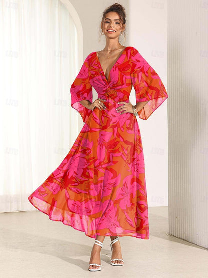 Floral Twisted Ruffle Chiffon Maxi Dress