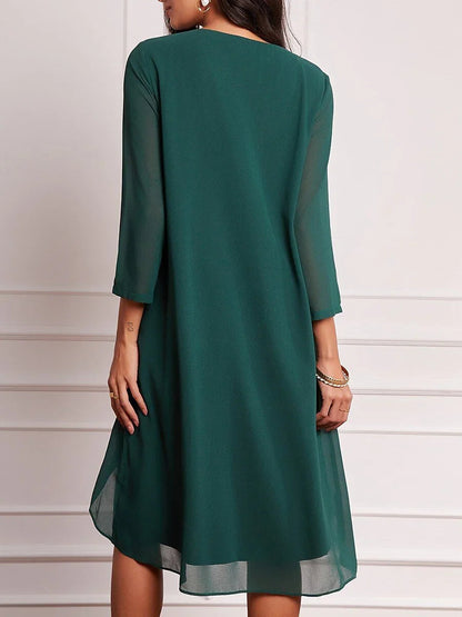 3/4 Sleeve Knee-Length Chiffon Dress with Rhinestone