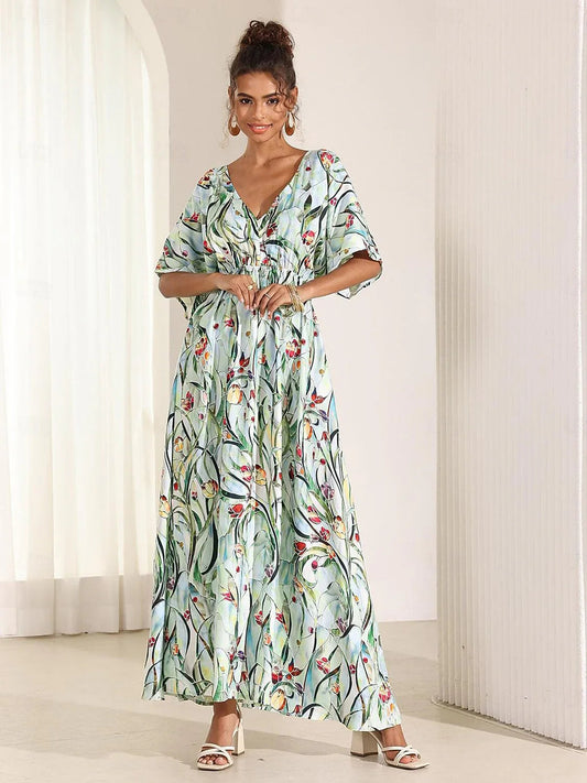 Tropical Floral Satin Maxi Dress