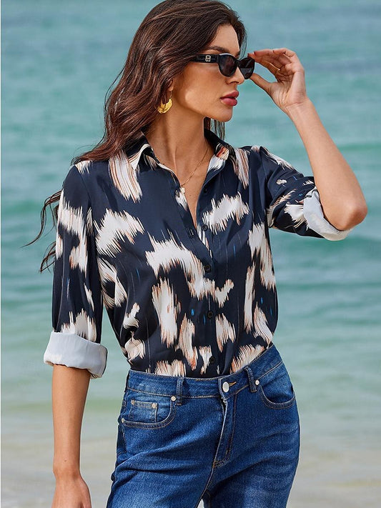 Abstract Print Satin Button-Down Blouse with Lapel Collar