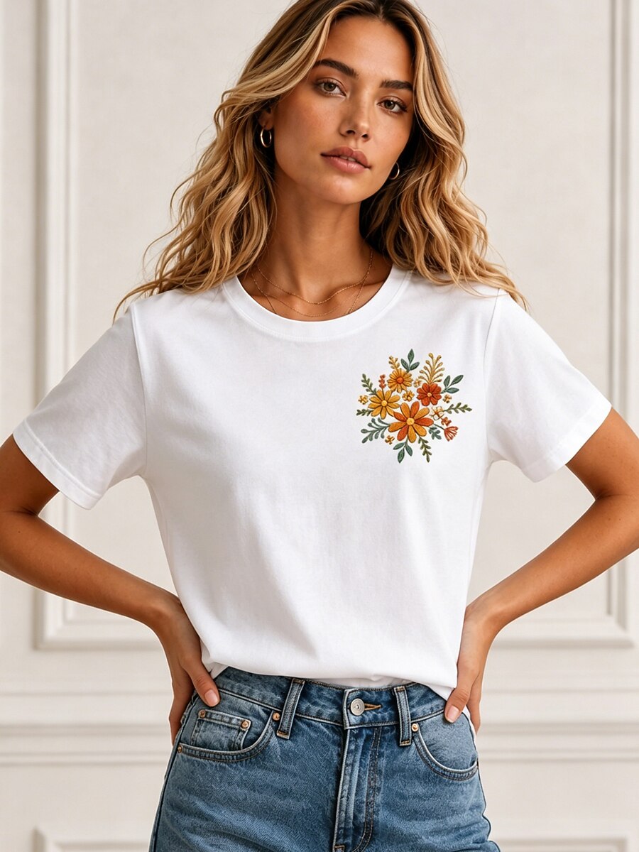 Floral Embroidered 100% Cotton Tee