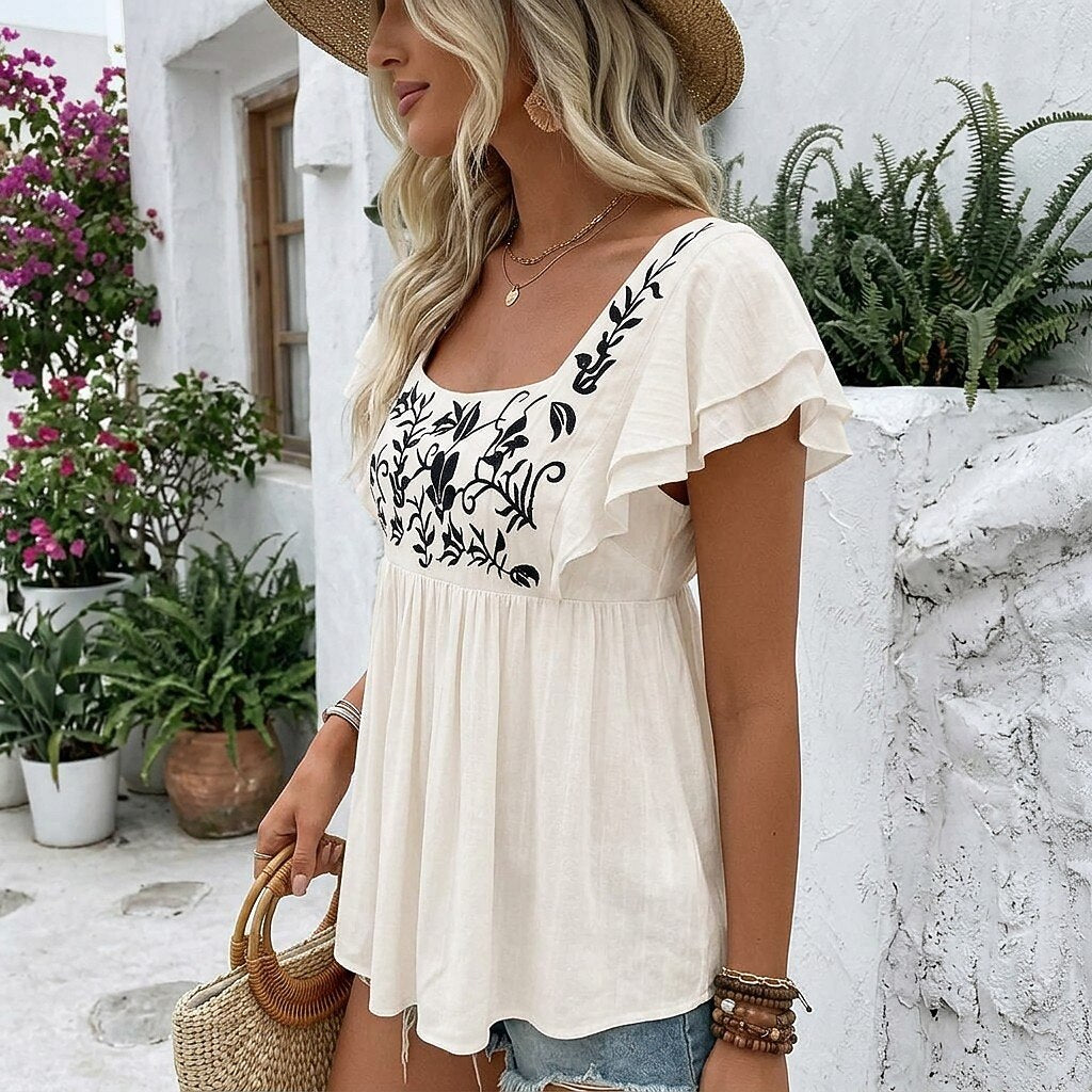 Embroidered Square Cotton Neck Top