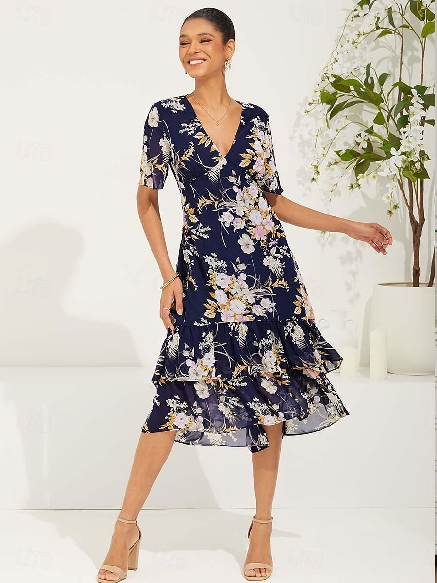 Chiffon-Midikleid mit Blumenmuster, V-Ausschnitt und Rüschen