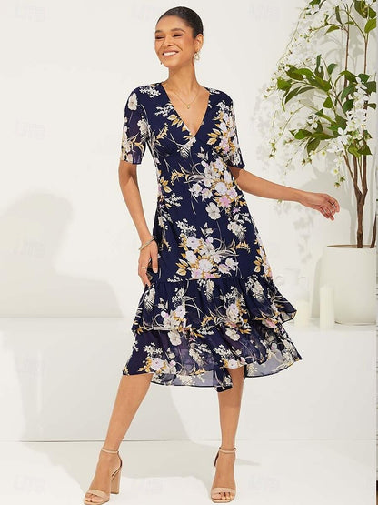 Chiffon-Midikleid mit Blumenmuster, V-Ausschnitt und Rüschen