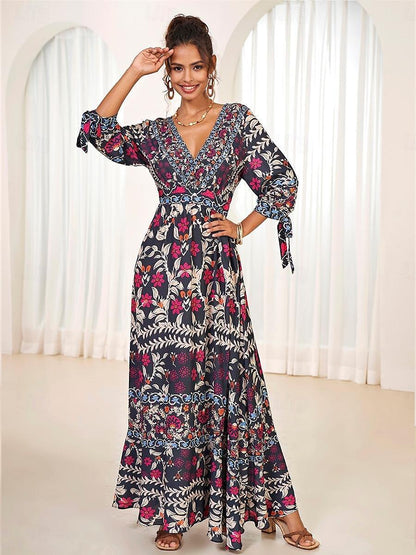 Urlaubs-Maxikleid aus Chiffon mit Rüschen und V-Ausschnitt