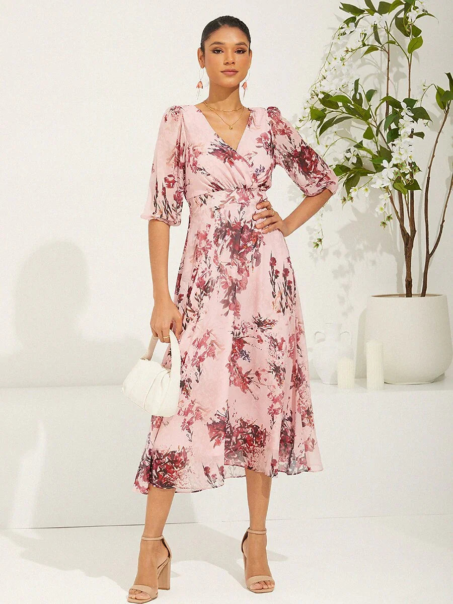Puff Sleeve Floral Chiffon Dress