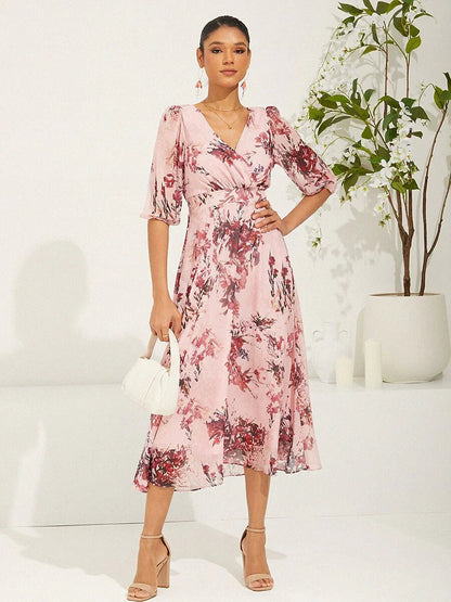Puff Sleeve Floral Chiffon Dress
