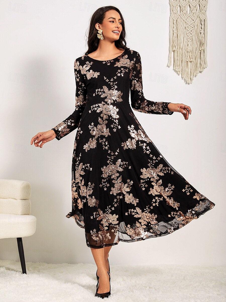 Schwarzes Maxikleid mit Rundhalsausschnitt und Spitze