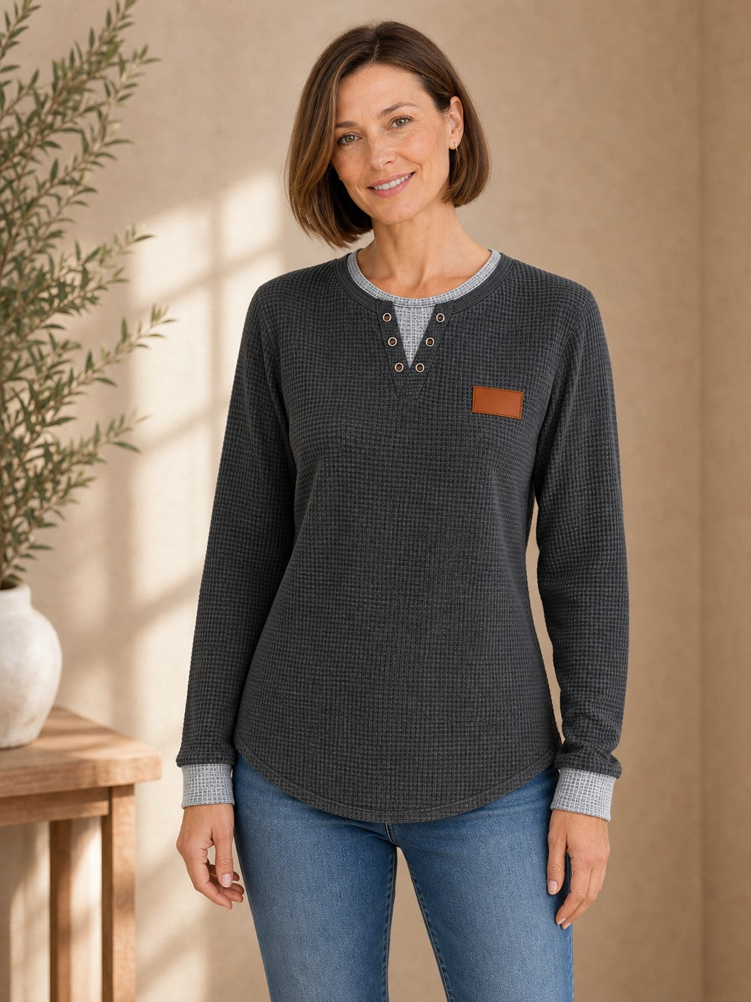 Cotton Waffle Henley Top