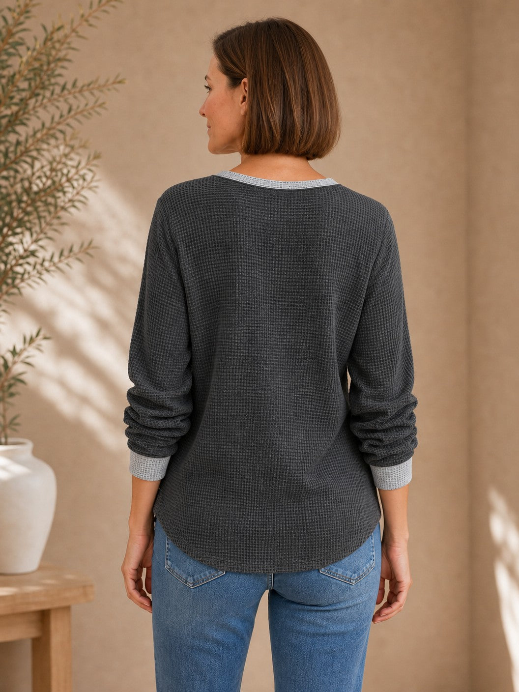 Cotton Waffle Henley Top