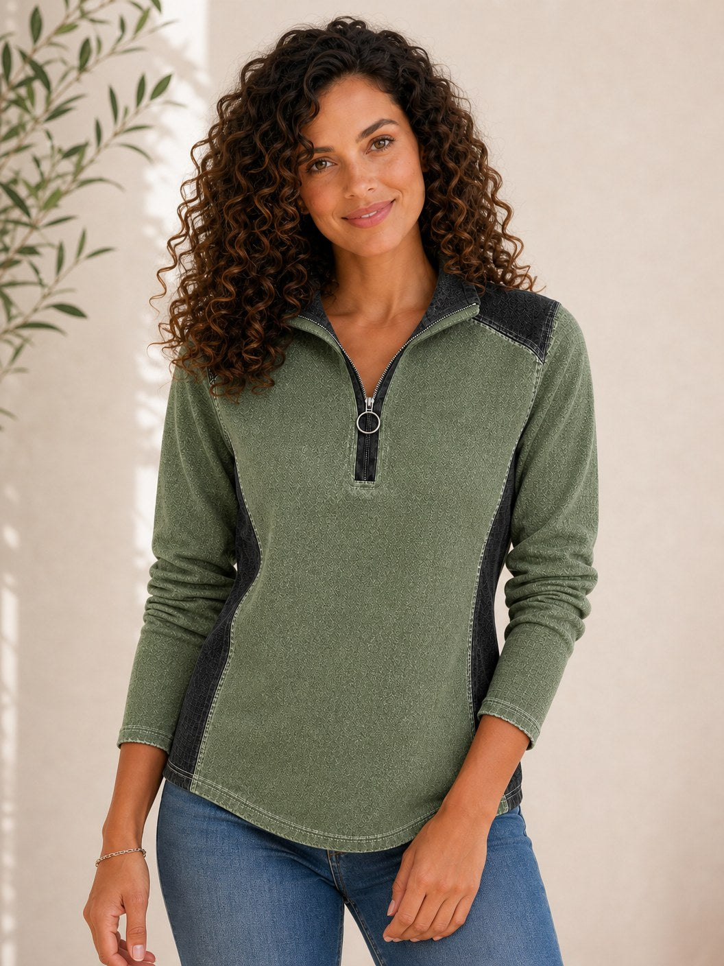 Patchwork Denim Quarter Zip Sweatshirt