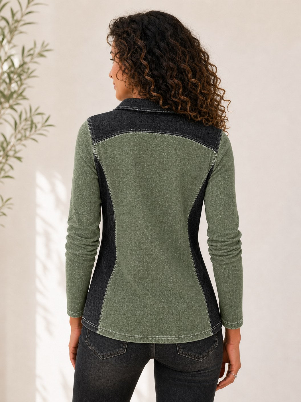 Patchwork Denim Quarter Zip Sweatshirt