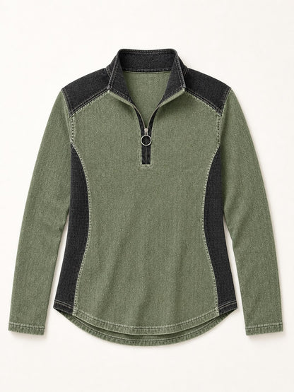 Patchwork Denim Quarter Zip Sweatshirt