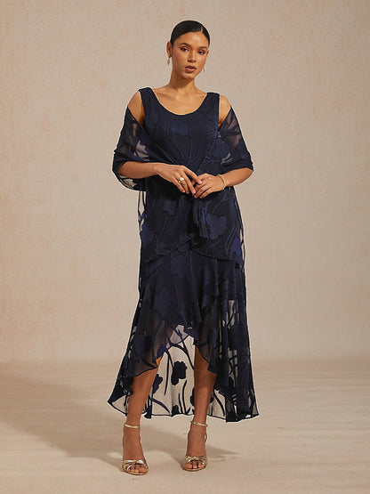 Floral Chiffon Evening Dress with Shawl
