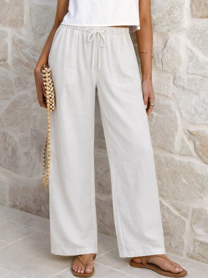 Cotton Linen Drawstring Straight-Leg Pants