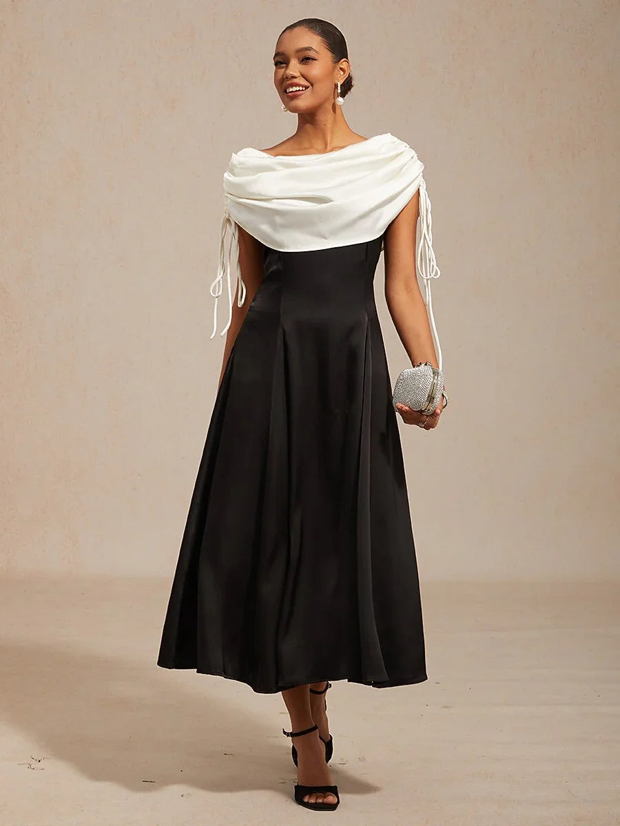 Satin Black and White Dress with Shoulder Tie Design