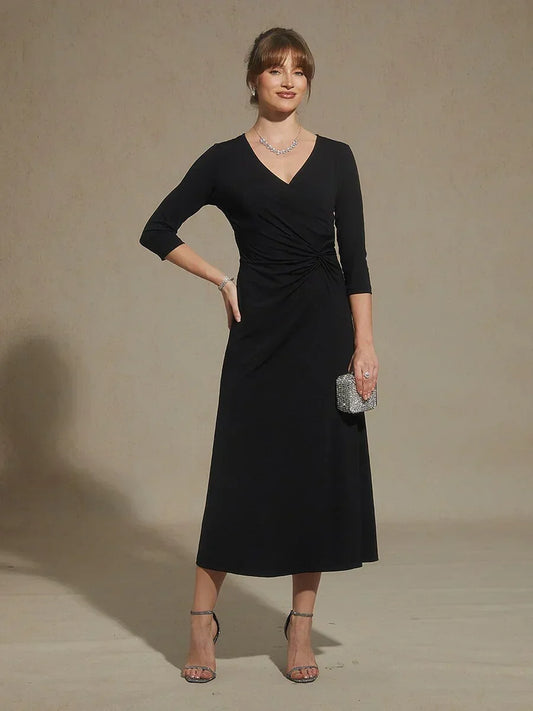 Black V-Neck A-Line Knit Dress with Waist Twist Design