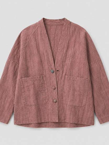 Premium Linen Pocket V-Neck Blouse