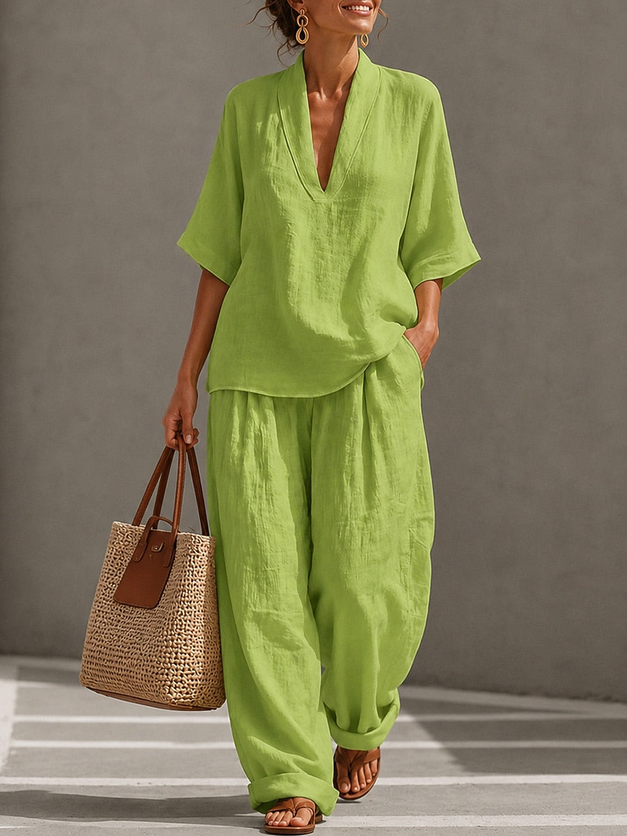 Cotton Linen Sets Half Sleeve V Neck