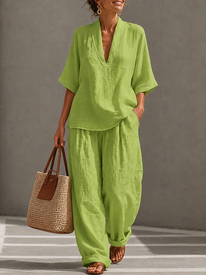 Cotton Linen Sets Half Sleeve V Neck