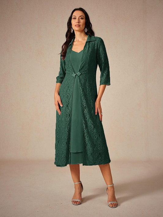 Chiffon Solid Color Lace Dress Set