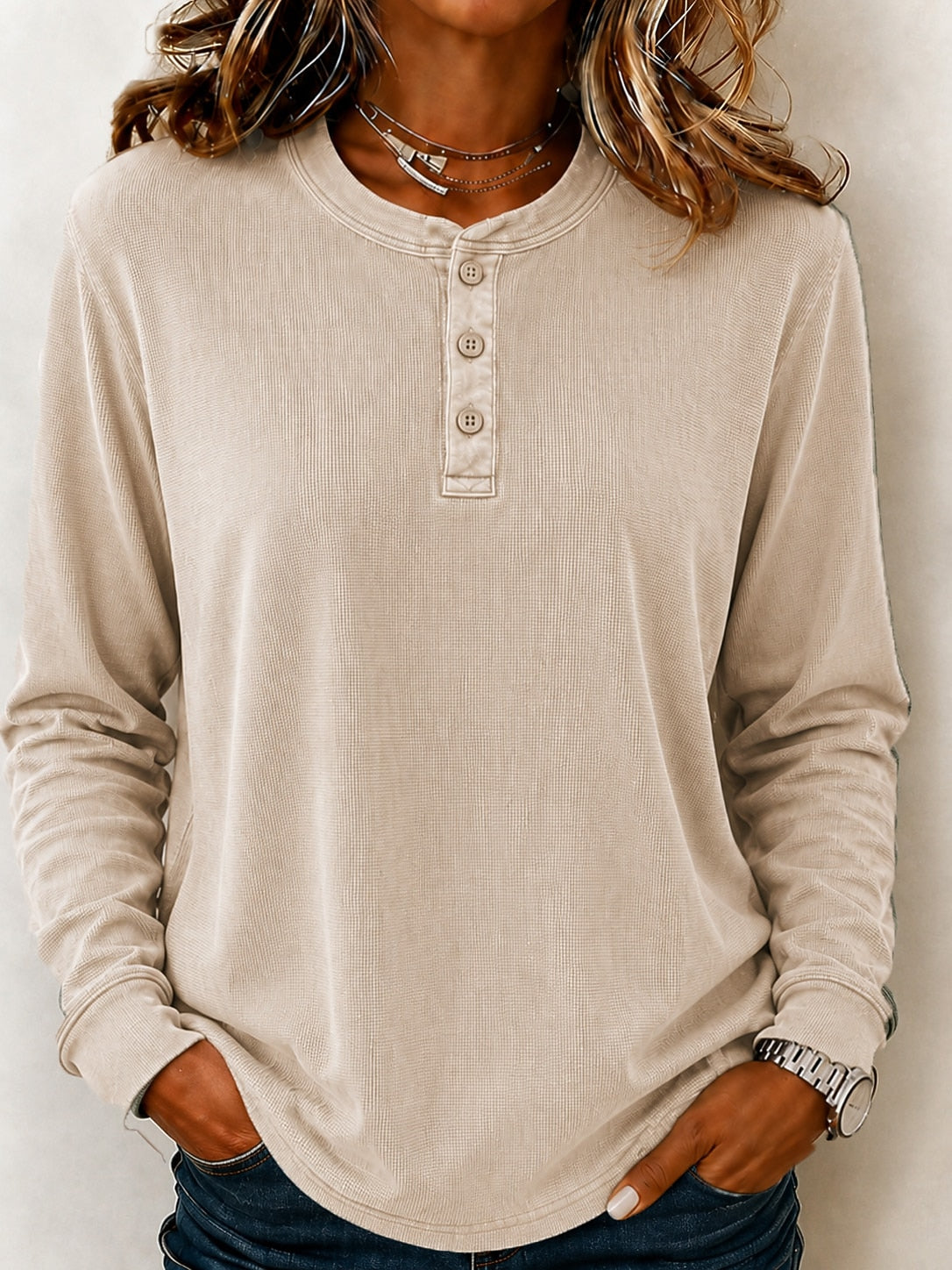 Washed 100%Cotton Waffle Henley Tops