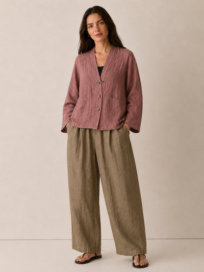 Premium Linen Pocket V-Neck Blouse