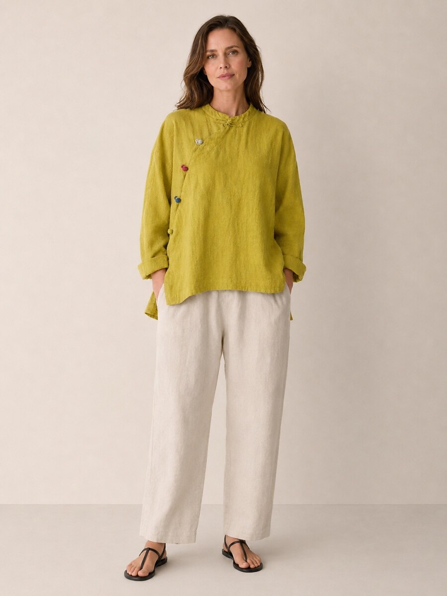 Premium Linen Asymmetric Button-Down Blouse