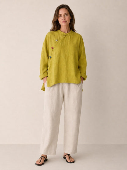 Premium Linen Asymmetric Button-Down Blouse
