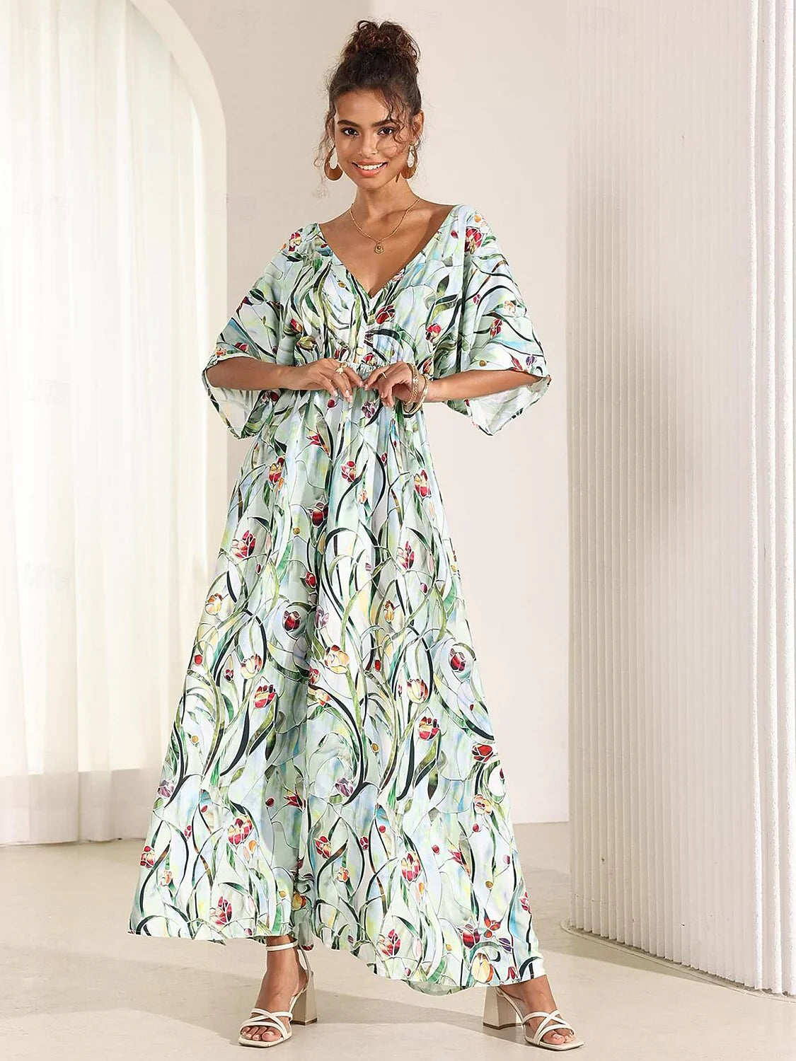 Tropical Floral Satin Maxi Dress