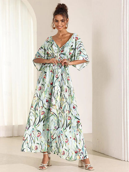 Tropical Floral Satin Maxi Dress