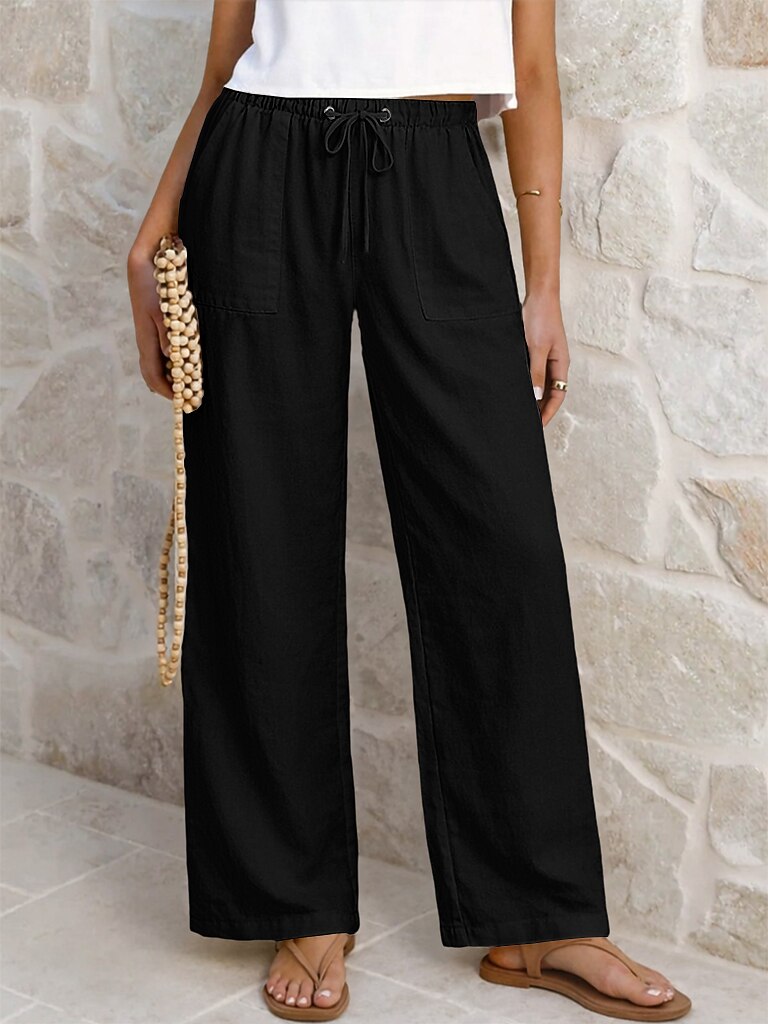 Cotton Linen Drawstring Straight-Leg Pants