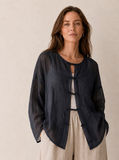 Premium 100% Linen Button-Down Blouse