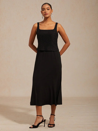 Sleeveless Square Neck Spring Dress with Tweed Bodice
