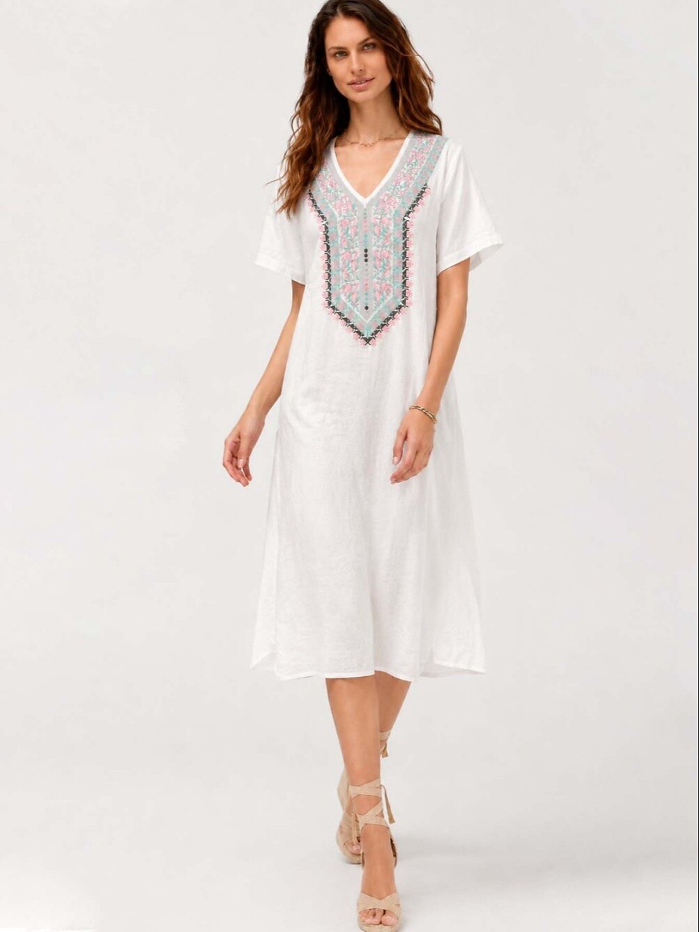 Embroidered Cotton Linen Midi Dress