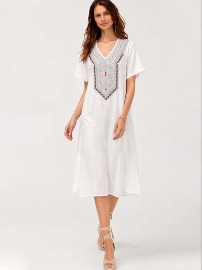 Embroidered Cotton Linen Midi Dress