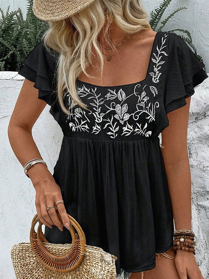 Embroidered Square Cotton Neck Top